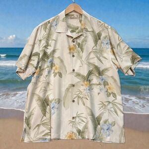 Tommy‎ Bahama Hawaiian Aloha Shirt Mens L 100% Silk Ivory Green Floral Camp EUC